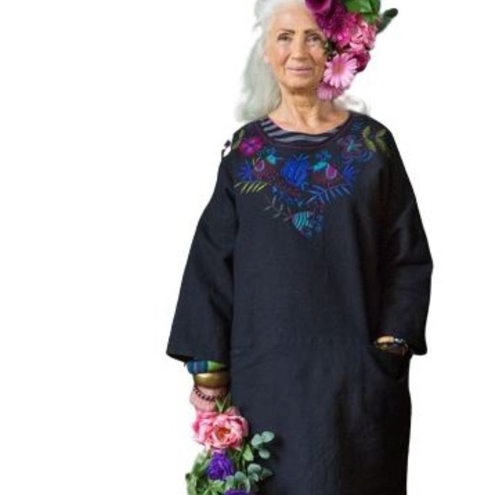 Gudrun Sjoden Frida Sante Fe Embroidered Linen Tunic Dress in Black